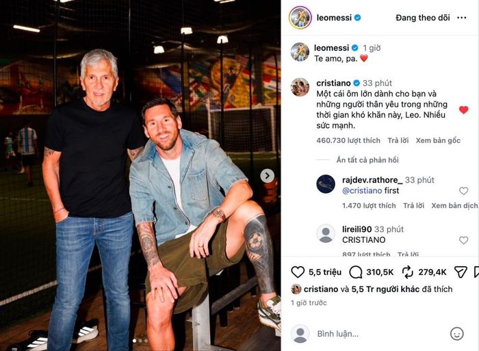 Ronaldo gửi lời nhắn xúc động dưới bài đăng của Messi.