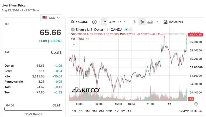 Biểu đồ giá bạc thế giới ngày 12/8. (Nguồn: kitco.com)
