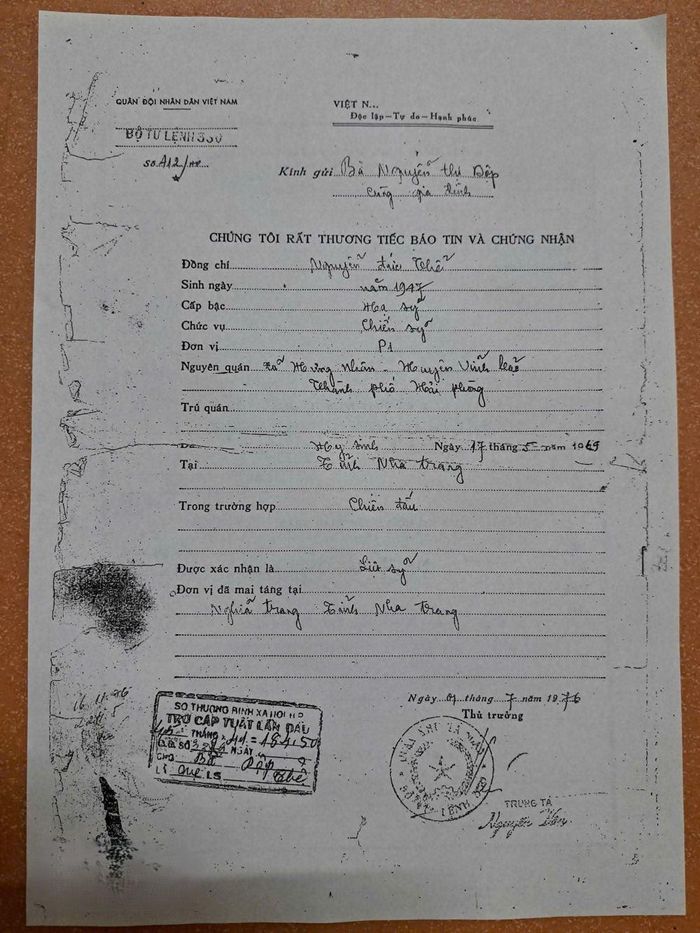 Giấy báo tử liệt sĩ Nguyễn Đức Thể.