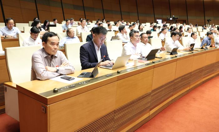  Bí thư Thành ủy TPHCM Trần Lưu Quang cùng các đại biểu dự phiên thảo luận tại hội trường về dự án Luật Phát triển đô thị, sáng 11-8. ẢNH: QUANG PHÚC 