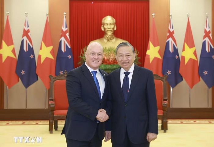 Tổng Bí thư Tô Lâm tiếp Thủ tướng New Zealand Christopher Luxon trong chuyến thăm chính thức Việt Nam tháng 2/2025. Ảnh: TTXVN