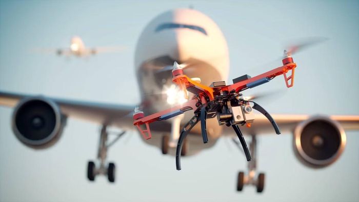 Drone có thể trở thành vật cản trên đường băng, va vào thân máy bay hoặc gây nguy hiểm nếu bị hút vào động cơ. Ảnh: Robin Radar Systems.