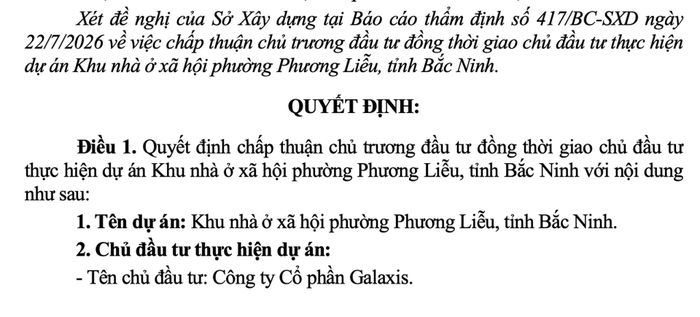 Văn bản Quyết định của UBND tỉnh Bắc Ninh về việc chấp thuận chủ trương đầu tư thực hiện dự án Khu nhà ở xã hội phường Phương Liễu