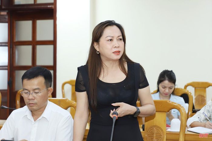 Phó Giám đốc Báo và phát thanh, truyền hình Hà Tĩnh Trần Thị Phương Hoa góp ý dự thảo khung đề án.