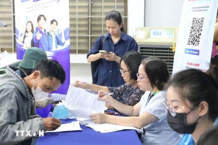 Người lao động tham gia tìm việc tại Ngày hội việc làm ở trụ sở Trung tâm Dịch vụ việc làm Thành phố Hồ Chí Minh. (Ảnh: Thanh Vũ/TTXVN)