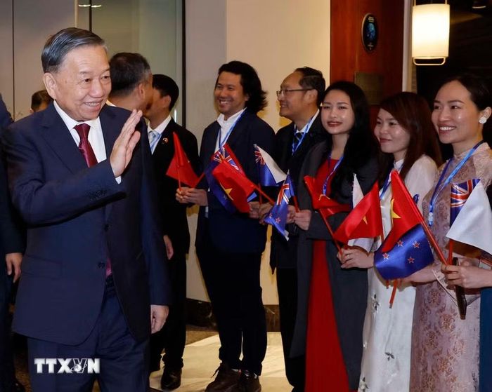 Cán bộ, nhân viên Đại sứ quán và đại diện cộng đồng người Việt Nam tại New Zealand đón Tổng Bí thư, Chủ tịch nước Tô Lâm. (Ảnh: Thống Nhất/TTXVN)