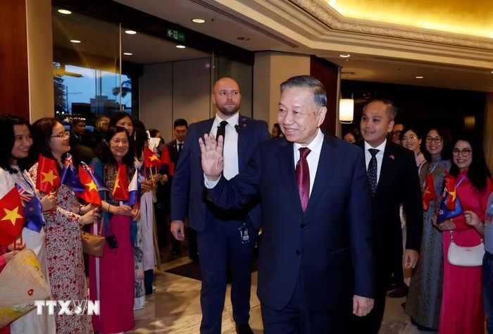 Cán bộ, nhân viên Đại sứ quán và đại diện cộng đồng người Việt Nam tại New Zealand đón Tổng Bí thư, Chủ tịch nước Tô Lâm. (Ảnh: Thống Nhất/TTXVN)