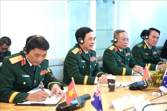 Đại tướng Phan Văn Giang, Ủy viên Bộ Chính trị, Phó Thủ tướng, Bộ trưởng Bộ Quốc phòng hội đàm với Phó Thủ tướng, Bộ trưởng Bộ Quốc phòng Australia Richard Marles. Ảnh: TTXVN phát