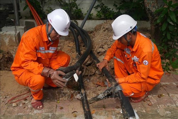 Kiểm tra quy trình lắp đặt cáp điện lực đi ngầm tại khu phố Bình Minh, phường Hạc Thành (Thanh Hóa). Ảnh: Hoa Mai/TTXVN