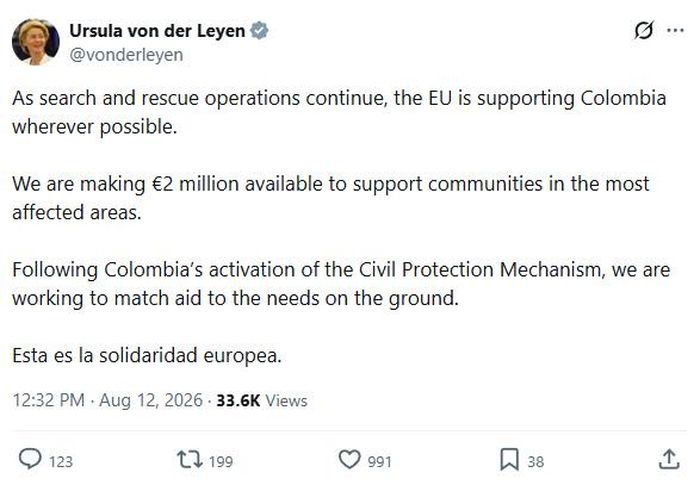 Tuyên bố đăng tải trên mạng xã hội X của Chủ tịch Ủy ban châu Âu Ursula von der Leyen, ngày 12/8/2026. Ảnh chụp màn hình