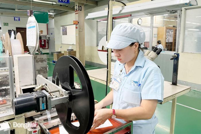 Công nhân Công ty TNHH Tokin Electronics Việt Nam (Khu công nghiệp Long Bình) trong giờ sản xuất. Ảnh: Nguyễn Hòa