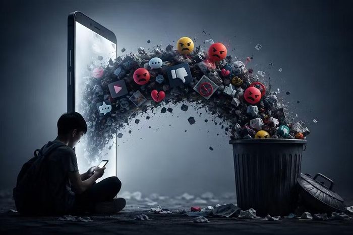 “Rác" trên không gian mạng đang từng ngày làm ô nhiễm môi trường tinh thần, tác động đến nhận thức, hành vi và những thang giá trị trong xã hội. Ảnh minh họa: AI