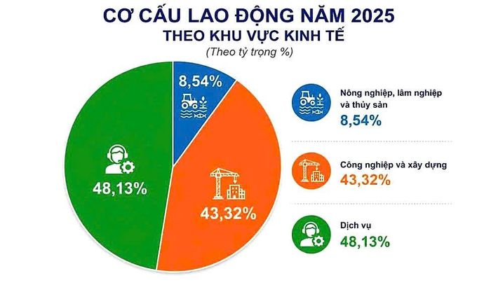 Biểu đồ cơ cấu lao động năm 2025 theo khu vực kinh tế của tỉnh do Ban Chỉ đạo tổng điều tra kinh tế năm 2026 của tỉnh thực hiện và báo cáo tại buổi tổng kết