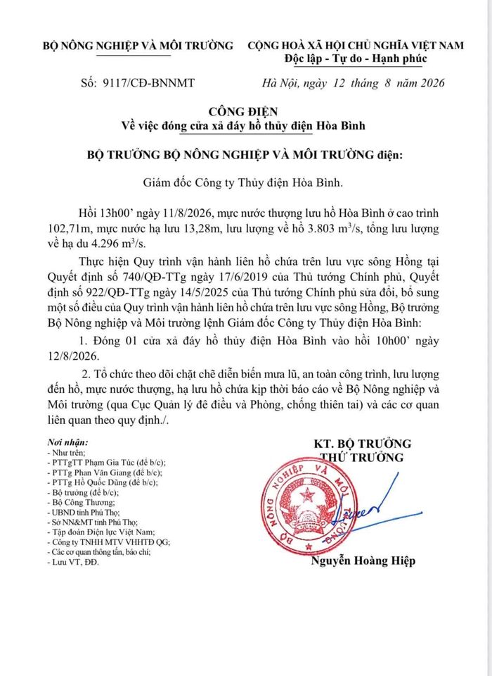 Công điện của Bộ Nông nghiêp và Môi trường