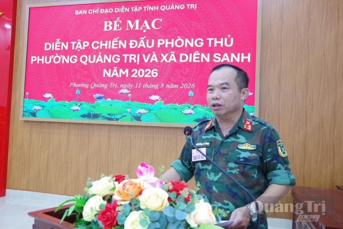 Đại tá Nguyễn Tài Tình, Phó Chỉ huy trưởng, Tham mưu trưởng Bộ Chỉ huy Quân sự tỉnh, Phó trưởng Ban Thường trực Ban Tổ chức, Tổng Đạo diễn diễn tập đánh giá kết quả diễn tập - Ảnh: X.D