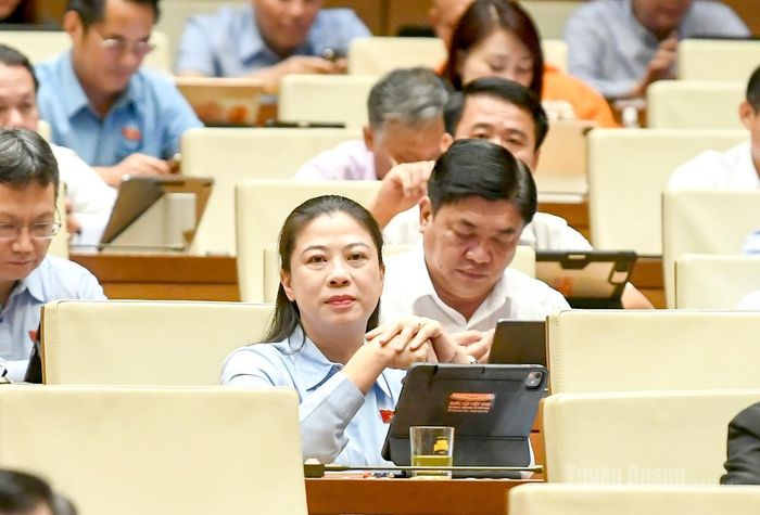Đồng chí Lê Thị Kim Dung, Phó Bí thư Thường trực Tỉnh ủy, Trưởng đoàn ĐBQH tỉnh Tuyên Quang khóa XVI và đại biểu dự thảo luận tại hội trường.