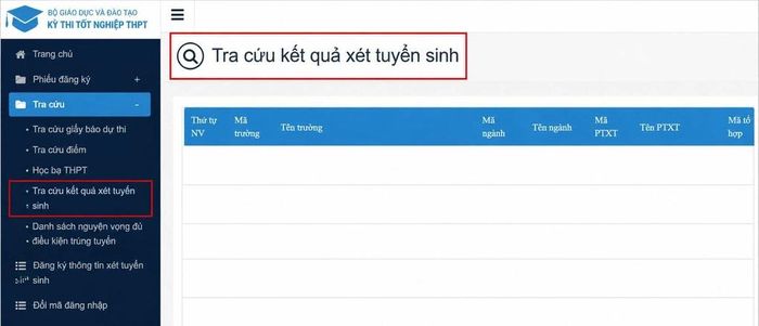 Giao diện tra cứu kết quả xét tuyển sinh.