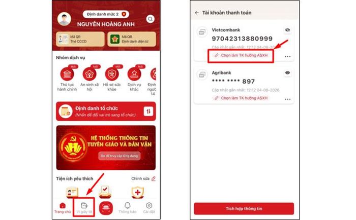 Chọn tài khoản đã tích hợp để hưởng An sinh xã hội trên VNeID.