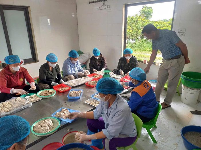Khu vực sản xuất, chế biến sản phẩm từ cá rô đầu vuông của hội viên nông dân Đặng Văn Quý, xã Hòa Xá. Ảnh: HND
