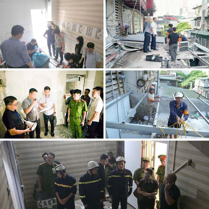 Các lực lượng chức năng phường Thanh Xuân kiểm tra hiện trạng, tổ chức tháo dỡ các hạng mục vi phạm trật tự xây dựng tại nhà NC2, tập thể Ban Cơ yếu Chính phủ, ngõ 90 phố Nhân Hòa. Ảnh: Tùng Lâm