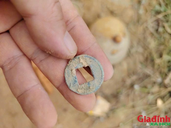Những đồng tiền cổ được phát hiện trong quá trình khai quật mộ gạch. Ảnh: Hồ Hà.