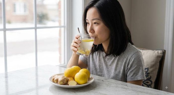 Nước chanh gừng giúp cơ thể xua tan cảm giác mệt mỏi, giữ ấm đường hô hấp và nâng cao thể trạng một cách tự nhiên. Ảnh minh họa AI