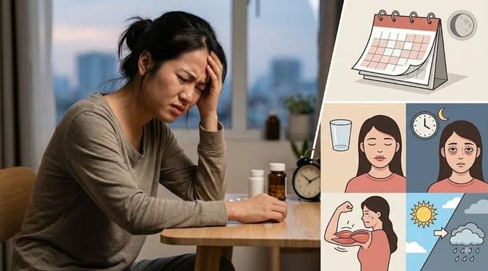 Migraine có thể xuất hiện quanh kỳ kinh và trở nên khó chịu hơn khi đi kèm những yếu tố như thiếu ngủ, mất nước, stress hoặc thời tiết thay đổi. Hình minh họa (AI)