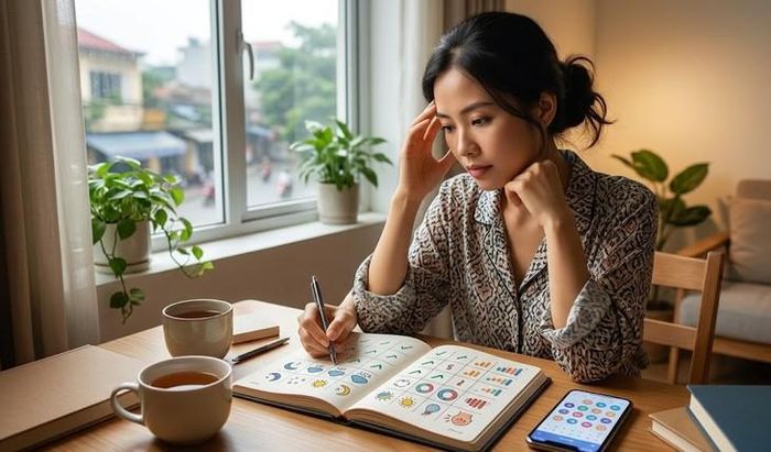 Ghi lại ngày chu kỳ kinh, thời tiết, giấc ngủ và đặc điểm cơn đau trong vài tháng có thể giúp người bệnh nhận diện quy luật migraine của chính mình. Hình minh họa (AI)