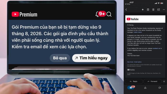 YouTube sẽ gửi thông báo qua mail hay ngay trên giao diện. Ảnh: Threads/Reddit.