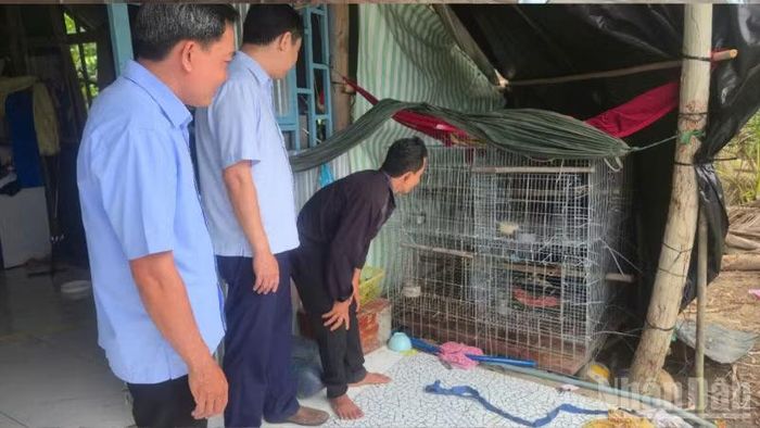 Lãnh đạo địa phương thăm mô hình của ông Nguyễn Văn Triều, ở ấp Hòa Mỹ, xã Phụng Hiệp, là một trong những hộ được hỗ trợ 2 cặp chồn hương giống. (Ảnh: VĂN ÚT)