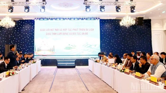 Tỉnh Lâm Đồng và các đối tác Ấn Độ trao đổi thông tin để tiến tới hợp tác phát triển du lịch-dịch vụ. (Ảnh: Mai Văn Bảo)