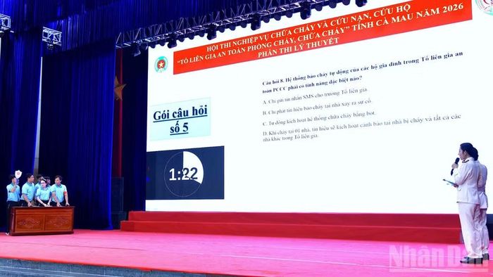 Các đội thi tranh tài tại phần thi lý thuyết. (Ảnh: Hữu Đệ)