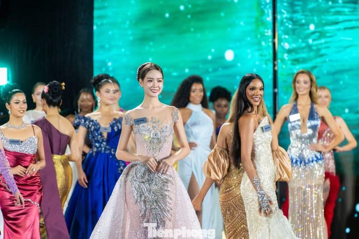 Đại diện của Việt Nam rạng rỡ trong chiếc váy dạ hội gắn hàng trăm viên đá lấp lánh.