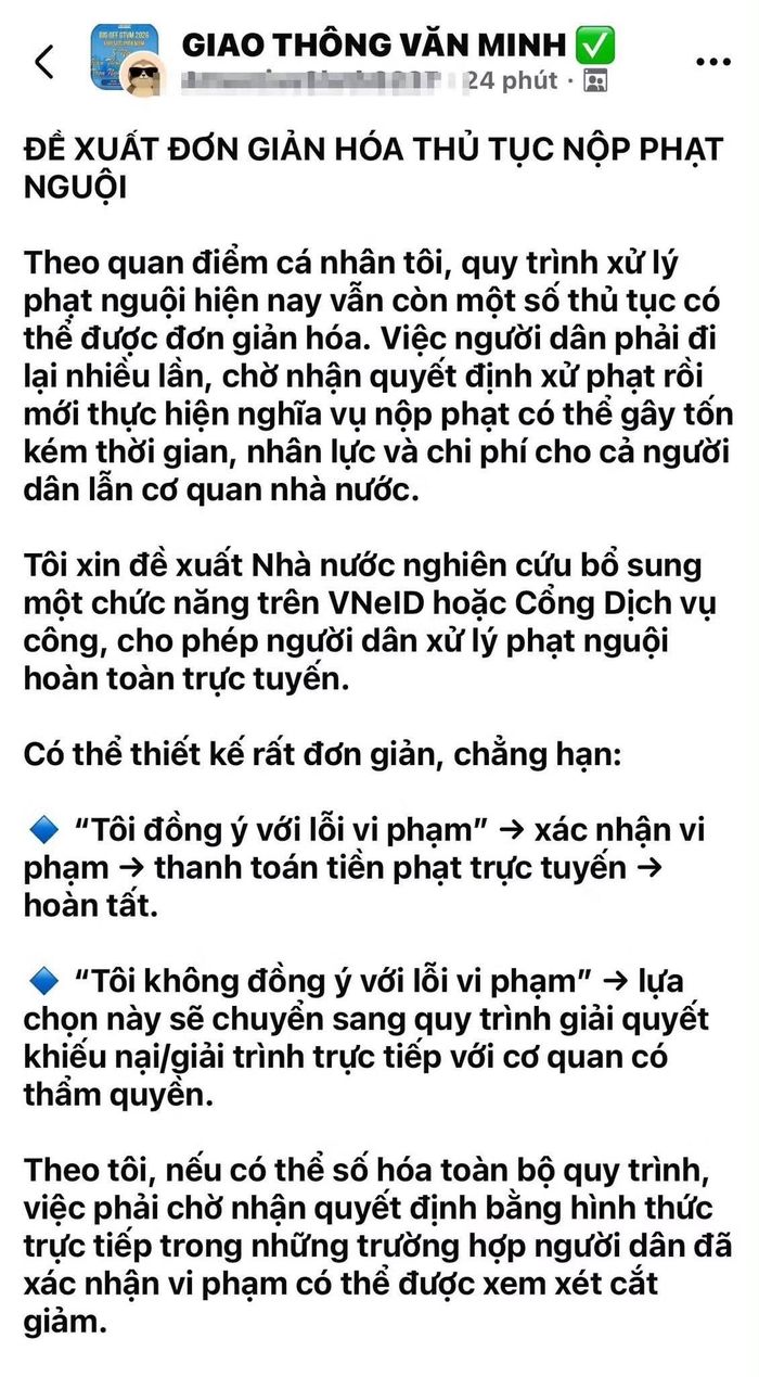Tài khoản mạng xã hội đưa ra quan điểm cá nhân đề xuất đơn giản hóa thủ tục nộp phạt nguội. Ảnh chụp màn hình.