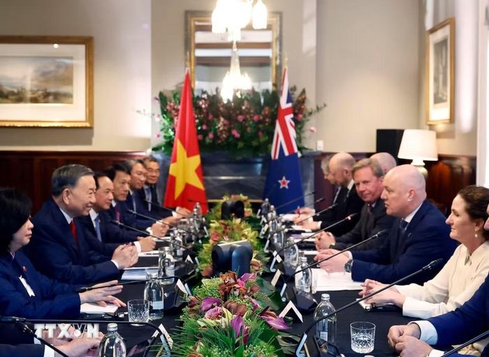 Sáng 13/8/2026 (giờ địa phương), tại thành phố Auckland, Tổng Bí thư, Chủ tịch nước Tô Lâm hội đàm chính thức với Thủ tướng New Zealand Christopher Luxon. (Ảnh: Thống Nhất/TTXVN)