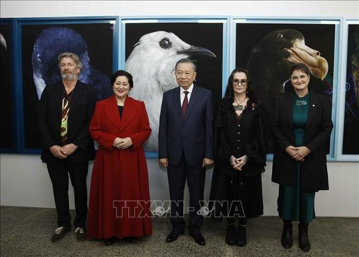 Tổng Bí thư, Chủ tịch nước Tô Lâm cùng Toàn quyền New Zealand Cindy Kiro và đại biểu tại Triển lãm ảnh StarkWhite của nhiếp ảnh gia Fiona Pardington. Ảnh: Thống Nhất/TTXVN
