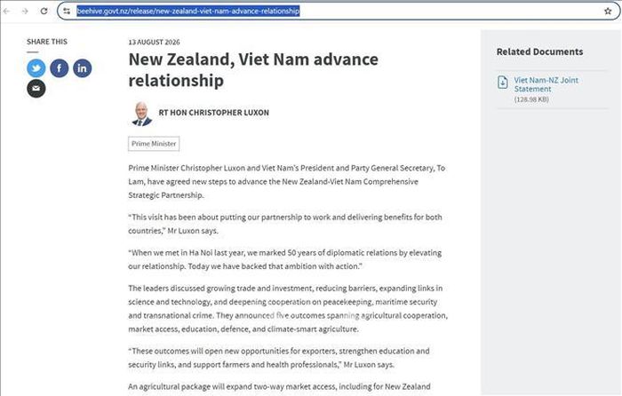 Trang tin của Chính phủ New Zealand https://www.beehive.govt.nz. Ảnh: TTXVN phát