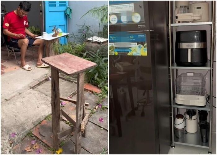 Chiếc kệ gỗ Tiết Cương tự đóng và chiếc kệ mới do bà xã anh mới mua. Ảnh: Tiktok.