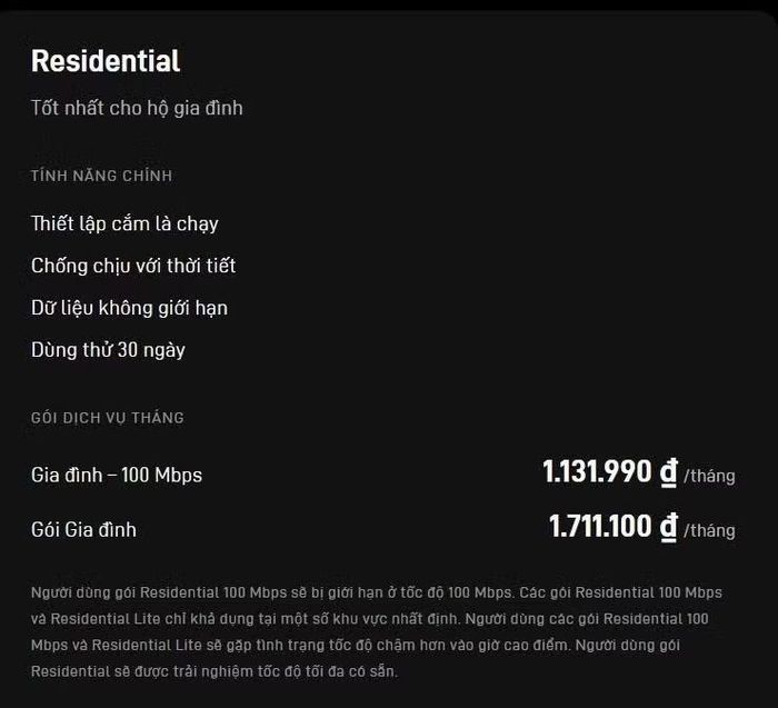 Thông tin gói Internet vệ tinh dành cho hộ gia đình được Starlink công bố trên website chính thức tại thị trường Việt Nam. Ảnh: website Starlink.