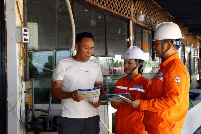 Cán bộ điện lực hướng dẫn sử dụng điện tiết kiệm tại Nhà hàng Tuấn Phú Quý (Thiên Cầm, Hà Tĩnh). Ảnh: Huy Hùng - TTXVN