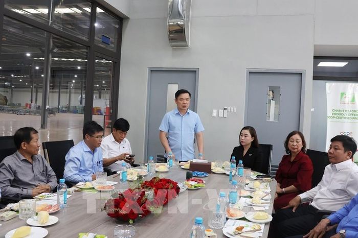 Chủ tịch UBND tỉnh Đắk Lắk Đỗ Hữu Huy trao đổi nhằm tháo gỡ khó khăn cho doanh nghiệp xuất khẩu sầu riêng. Ảnh: TTXVN phát