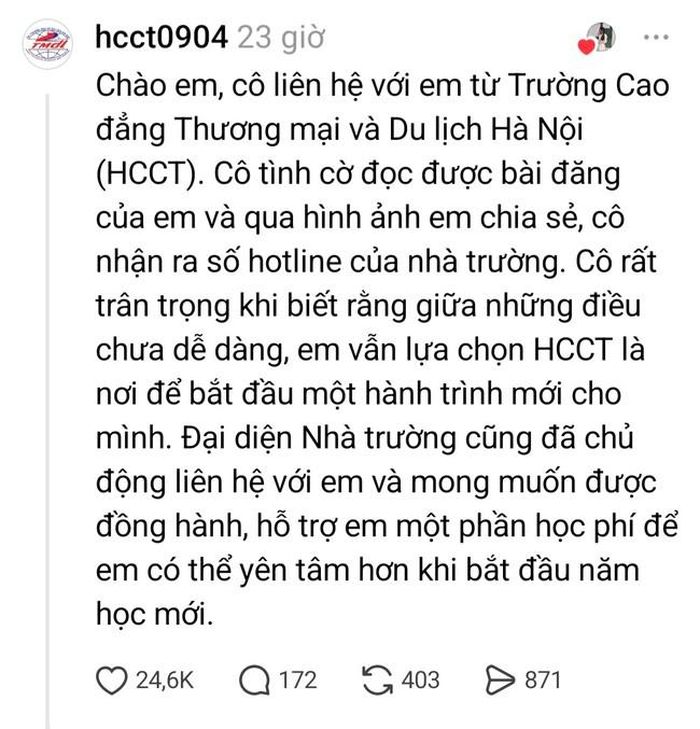 Chia sẻ của trường HCTC cũng nhận được sự hưởng ứng tích cực từ cộng đồng.