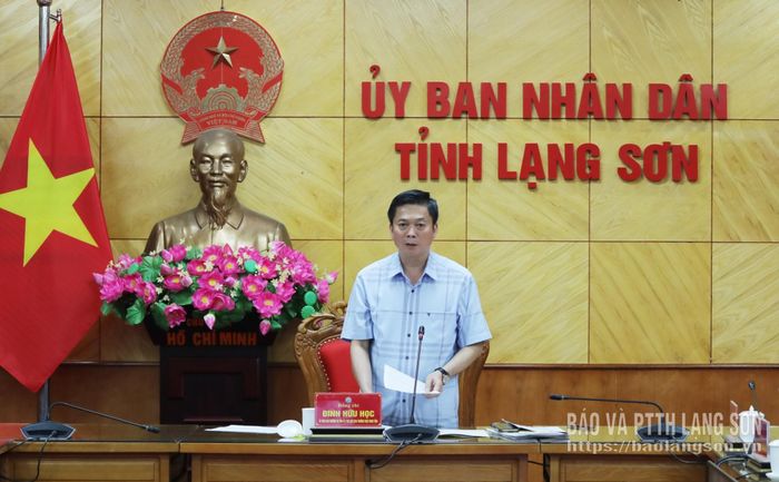 Đồng chí Đinh Hữu Học, Ủy viên Ban Thường vụ Tỉnh ủy, Phó Chủ tịch Thường trực UBND tỉnh phát biểu tại cuộc họp