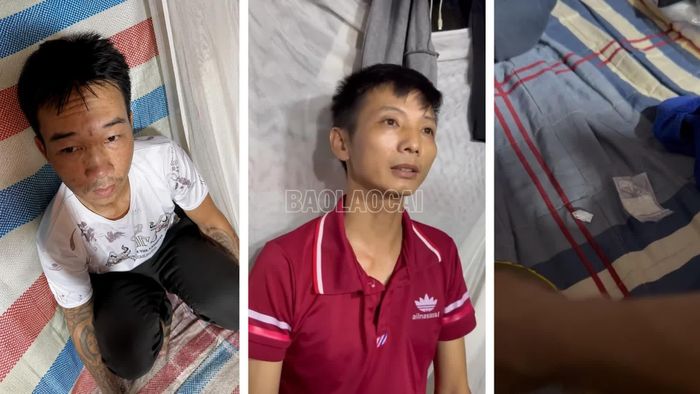 Hà Văn Trọng (áo trắng), Vũ Thanh Bình (áo đỏ) cùng số tang vật ma túy được thu giữ.