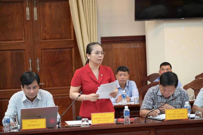 Bà Phan Thị Hiếu, Phó Giám đốc Kho bạc Nhà nước khu vực VI phát biểu tại cuộc họp