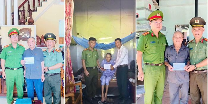 Cán bộ Công an xã Quế Sơn Trung thăm, tặng quà gia đình chính sách, người có công trên địa bàn xã.