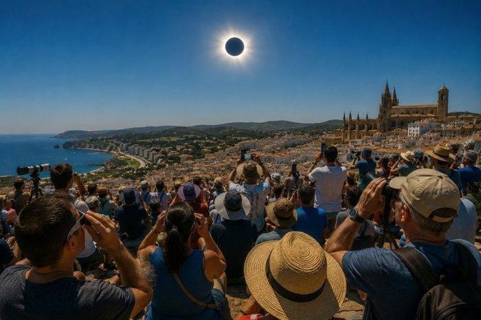 Mặt Trăng che khuất hoàn toàn Mặt Trời trong nhật thực toàn phần tại Arcos de las Salinas, gần Teruel, Tây Ban Nha.