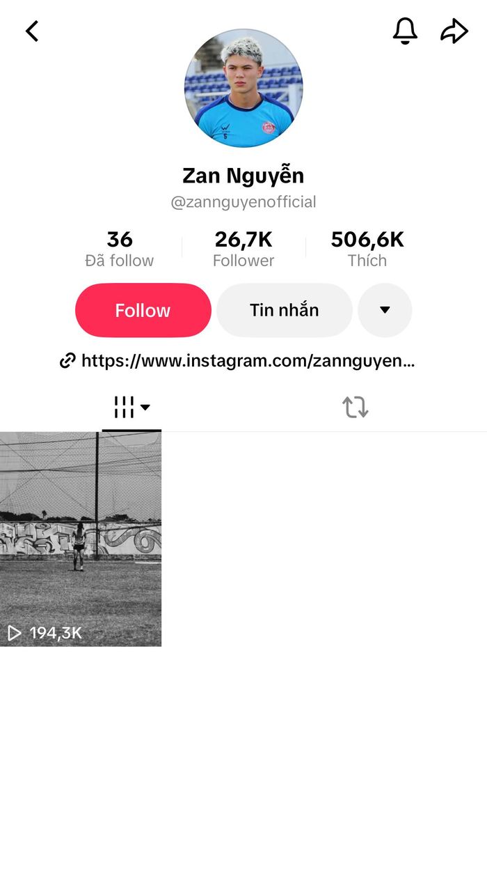Tài khoản TikTok của Zan Nguyễn chỉ còn 1 clip mới đăng hồi giữa tháng 7. Ảnh chụp màn hình