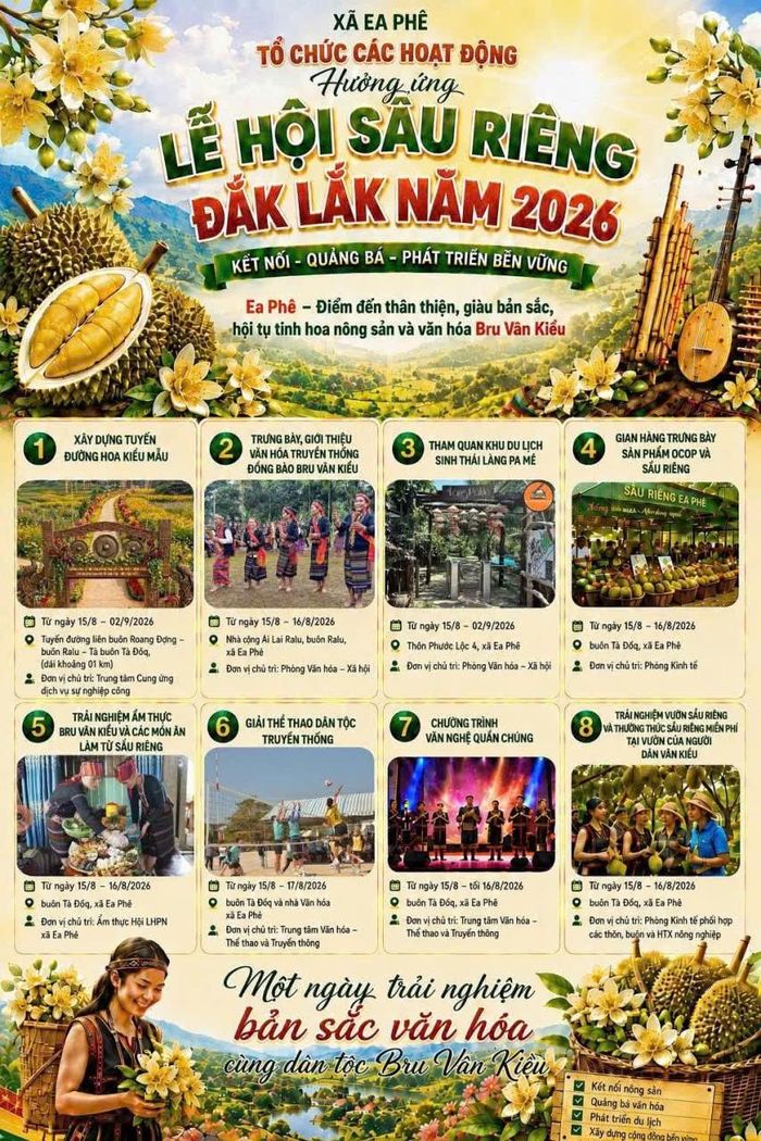 Infographic giới thiệu chuỗi 8 hoạt động hưởng ứng Lễ hội Sầu riêng Đắk Lắk năm 2026 tại xã Ea Phê, gồm quảng bá sầu riêng và sản phẩm OCOP, trải nghiệm ẩm thực, tham quan du lịch sinh thái, giao lưu văn hóa Bru Vân Kiều và các hoạt động văn nghệ, thể thao truyền thống. (Ảnh minh hoạ)
