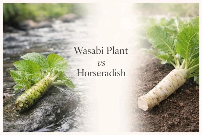 Wasabi (trái) có hương vị thơm ngon hơn cây cải ngựa (phải) thường dùng làm mù tạt xanh. (Ảnh: Greenery)